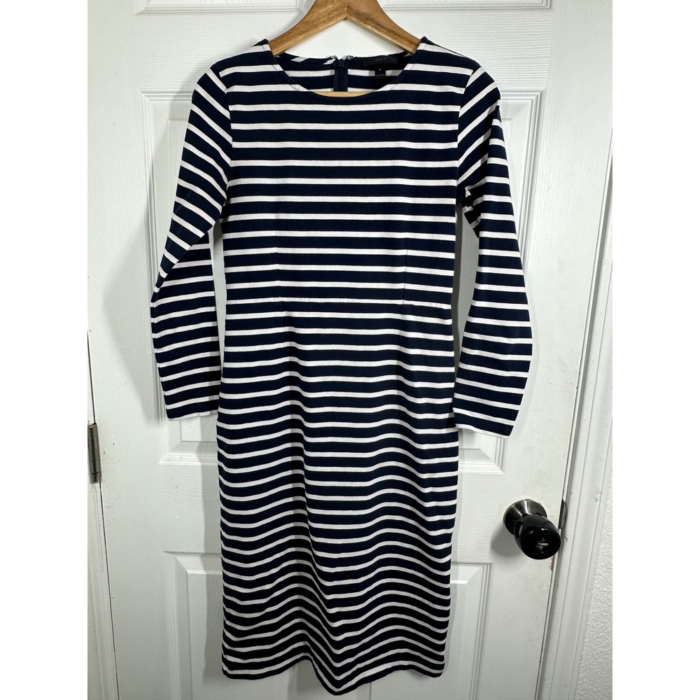 J.Crew Sheath Dress Womens 6 Navy Blue White Striped Long Sleeve Knit Casual‎